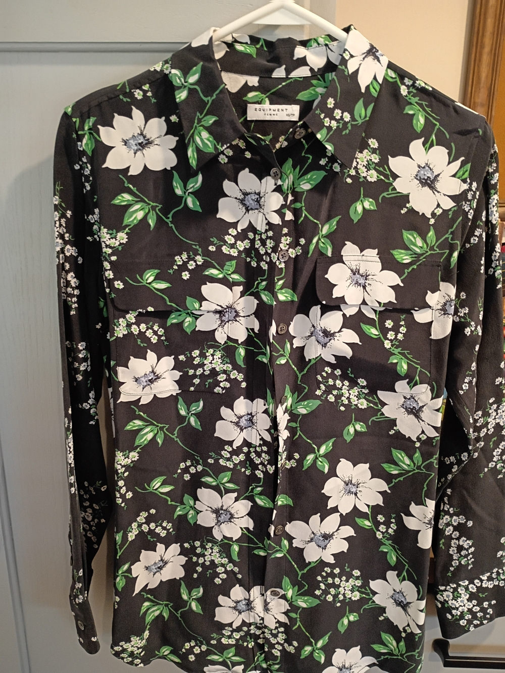 Equipment Black Floral Button-Up Blouse with White & Green Print